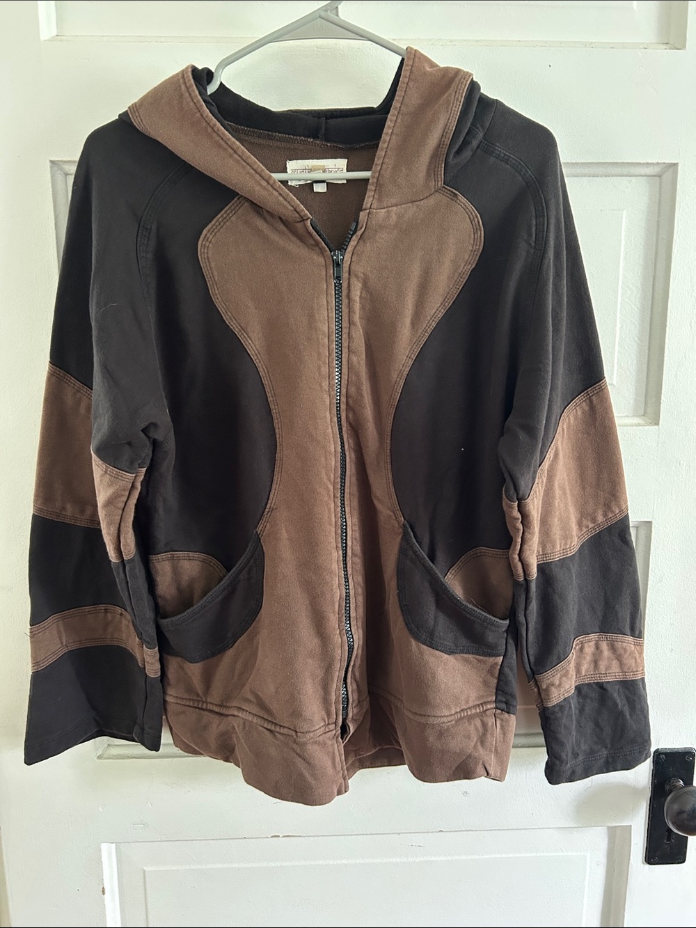 Mystic Organics Women's Two-Tone Brown & Black Zip-Up Hoodie Bomber Jacket sz S